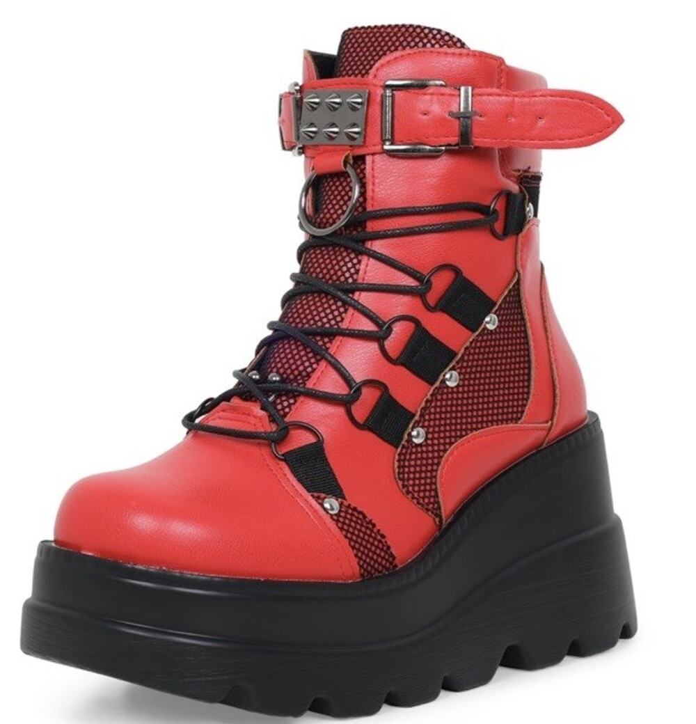 Gothniero Red Platform Combat Boots EU 40 U.S. 8.5. Chunky Goth Punk Zip Up